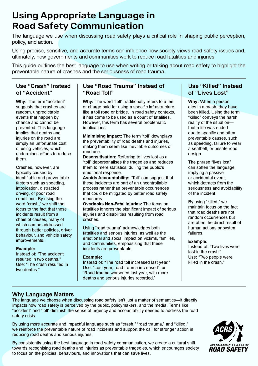 Safety Language Appropriate Language in Road Safety Communication - Australasian ...